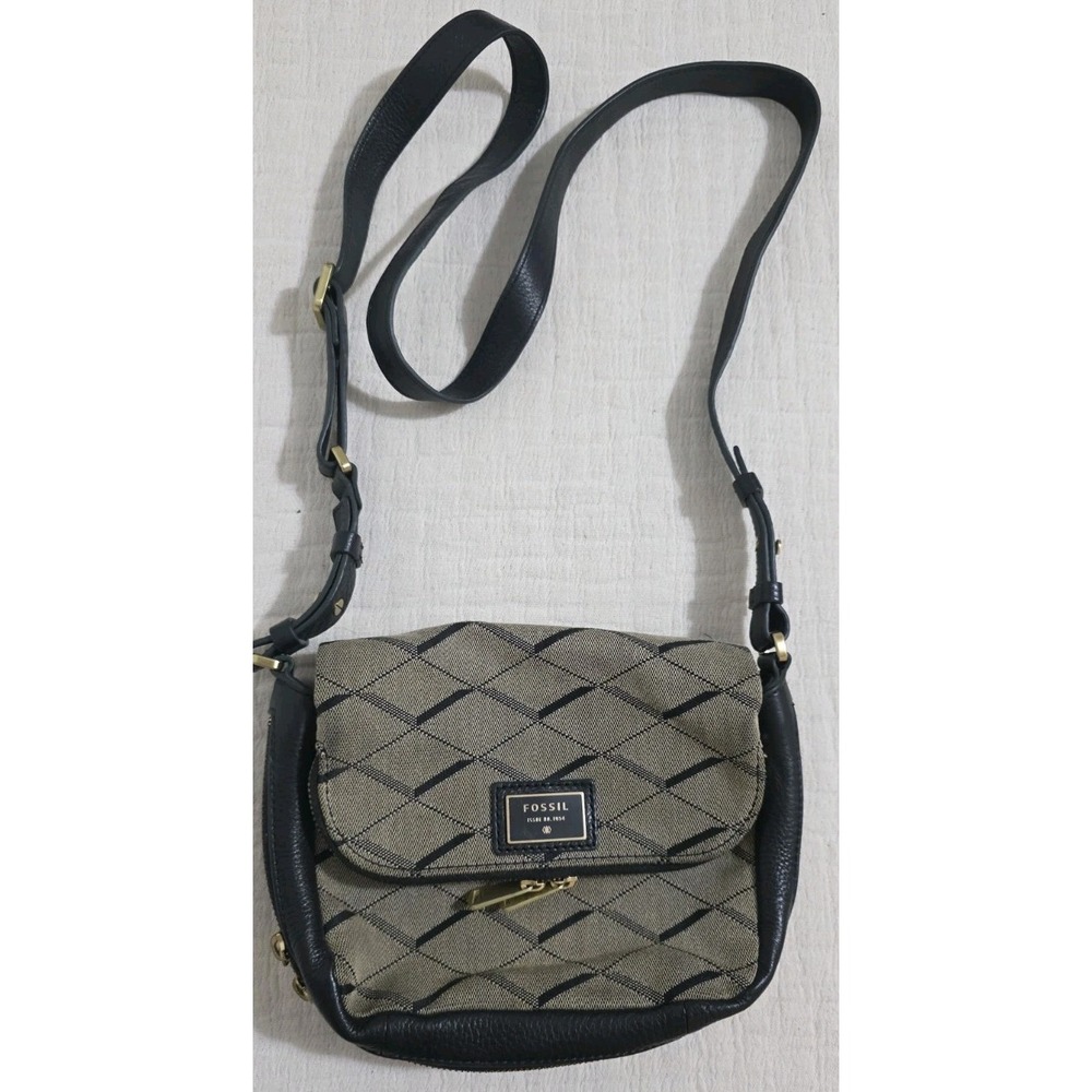 Fossil Preston Canvas and Leather Shoulder Bag Expandable Bottom Purse Grey/Blk‎
